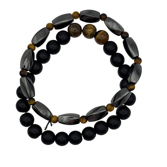 Hematite, Shunghite, and Tiger Eye Natural Stone Beaded Bracelet Duo - Picture 6 of 7